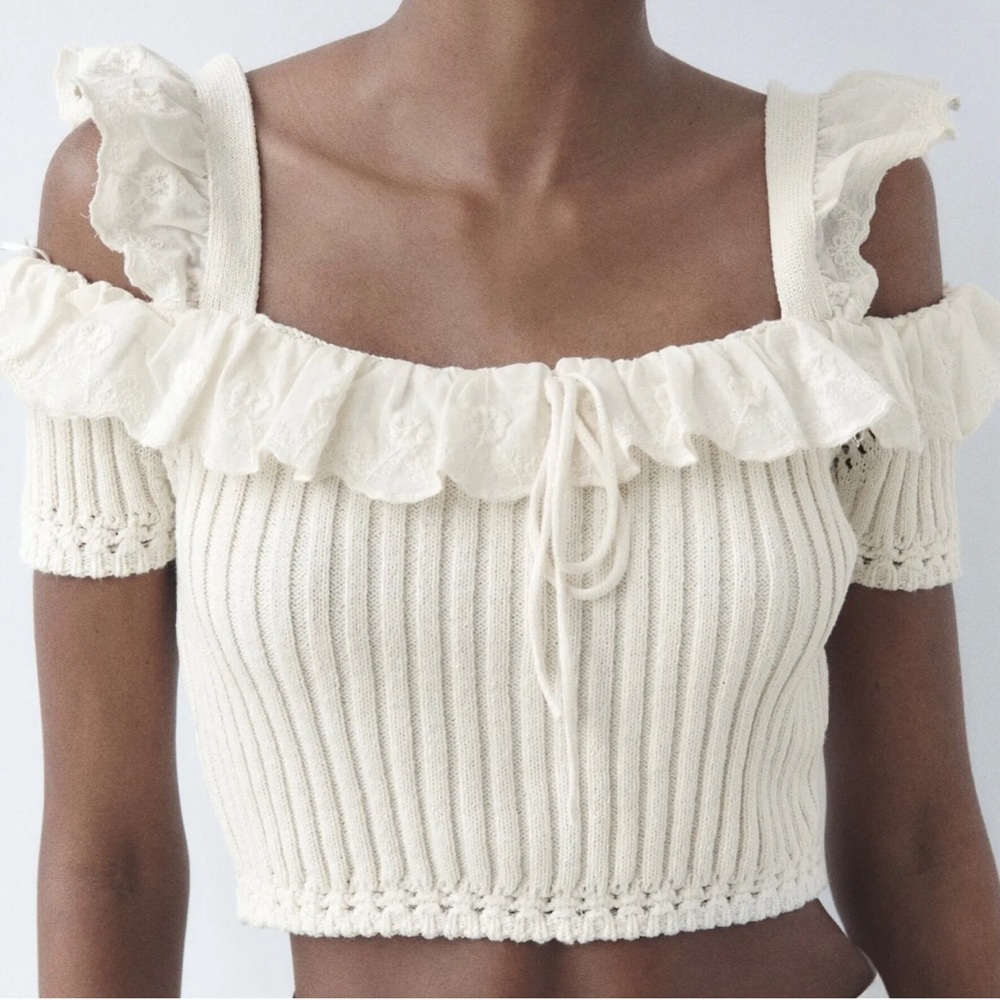 ZARA Woman Combination Crop Top Ruffle Lace Detail White Ecru 3991/101 Sz XS - Picture 1 of 2